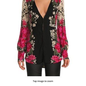 FREE PEOPLE Mikayla Woven Floral Print Plunging V-Neck Long Bishop Sleeve Tunic